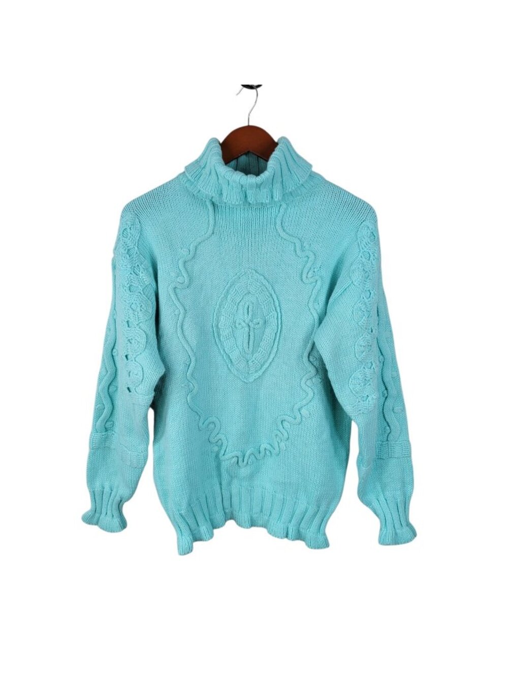 Vintage Cable Knit Sweater size Medium Pullover Turtle Neck Chunky Sky Blue